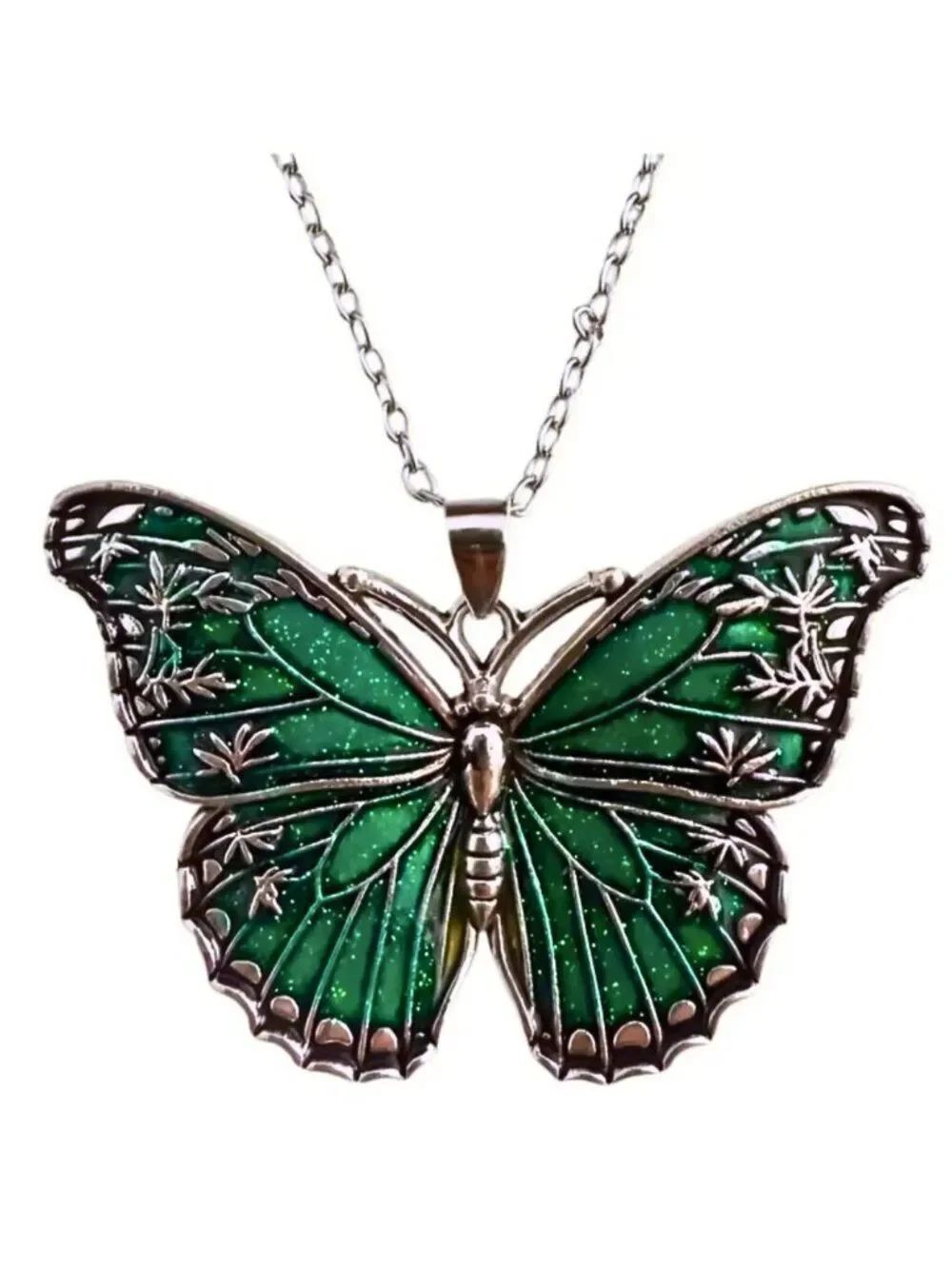 NWT Victorian Emerald Green Glitter Butterfly Pendant Necklace Boho Y2K Gothic
